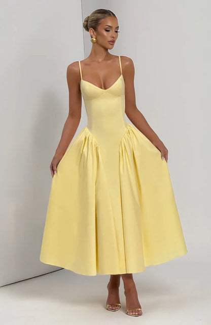 Arden | Midi Party Dress Butter Yellow Structured A-Line Sleeveless for Women