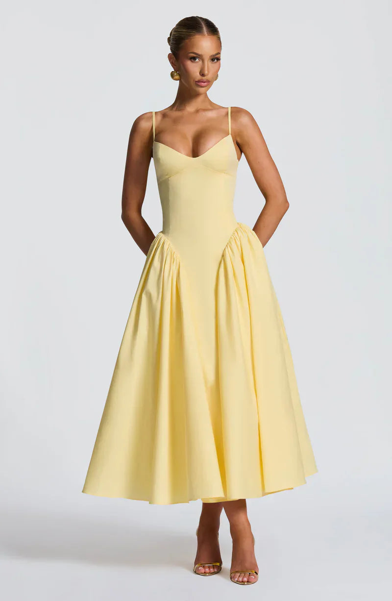 Arden | Midi Party Dress Butter Yellow Structured A-Line Sleeveless for Women