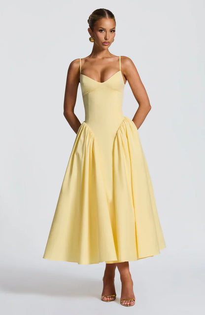 Arden | Midi Party Dress Butter Yellow Structured A-Line Sleeveless for Women