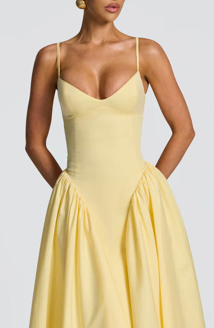Arden | Midi Party Dress Butter Yellow Structured A-Line Sleeveless for Women