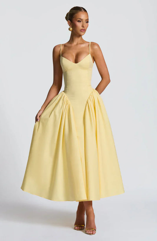 Arden | Midi Party Dress Butter Yellow Structured A-Line Sleeveless for Women