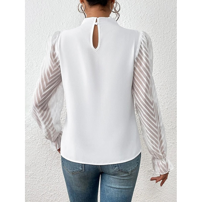Una | Blouse Black Chiffon Lace-Sleeve High-Neck for Women
