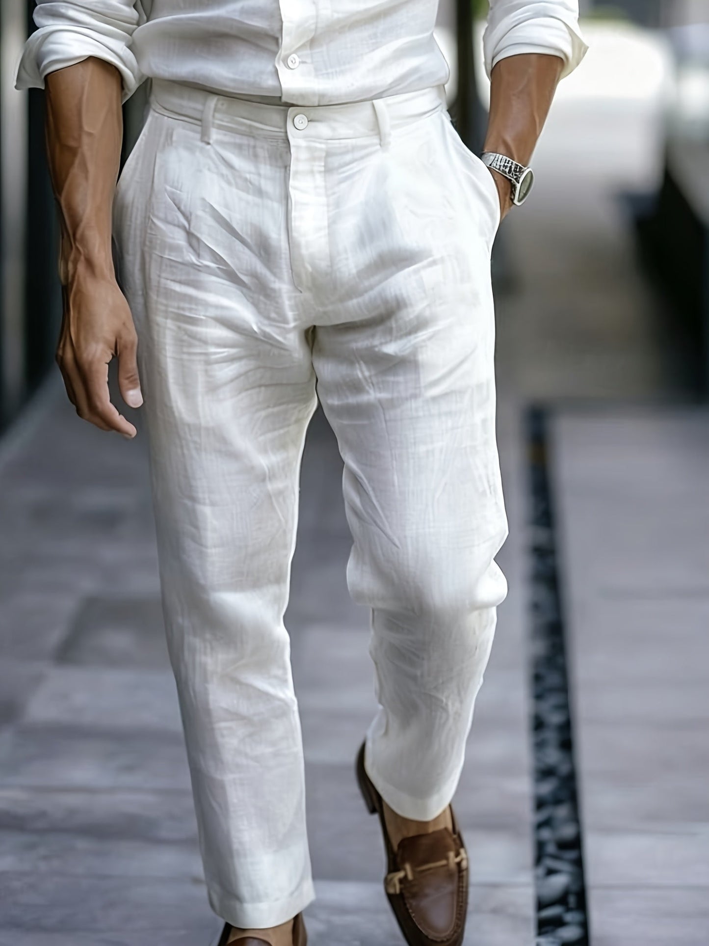 Edmund | Straight-Leg Trousers White Linen Side Pockets for Men