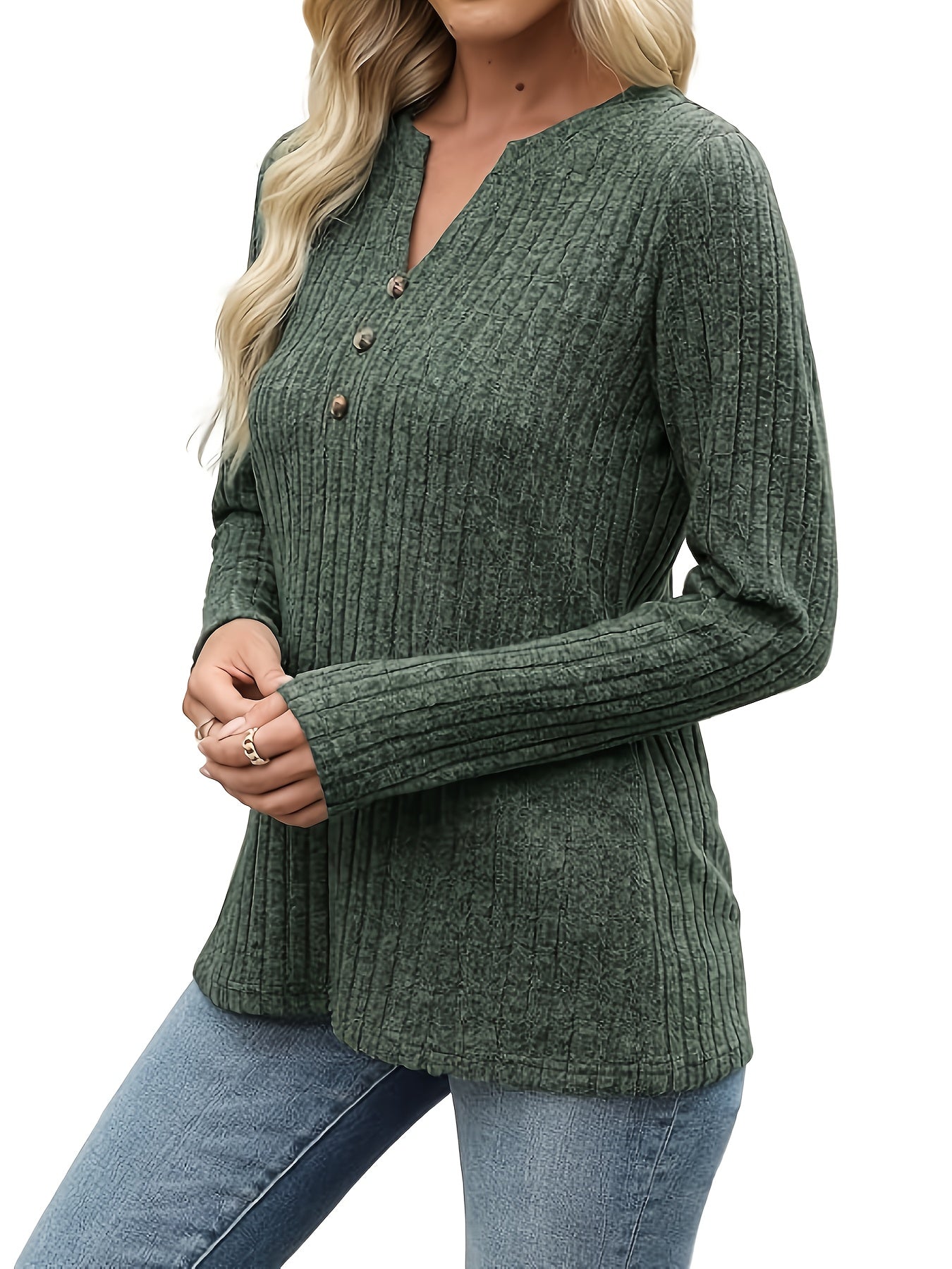 Verona | Top Green Ribbed Button-Neck for Women