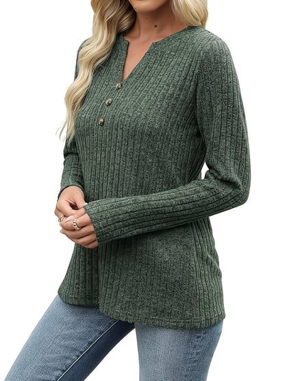 Verona | Top Green Ribbed Button-Neck for Women