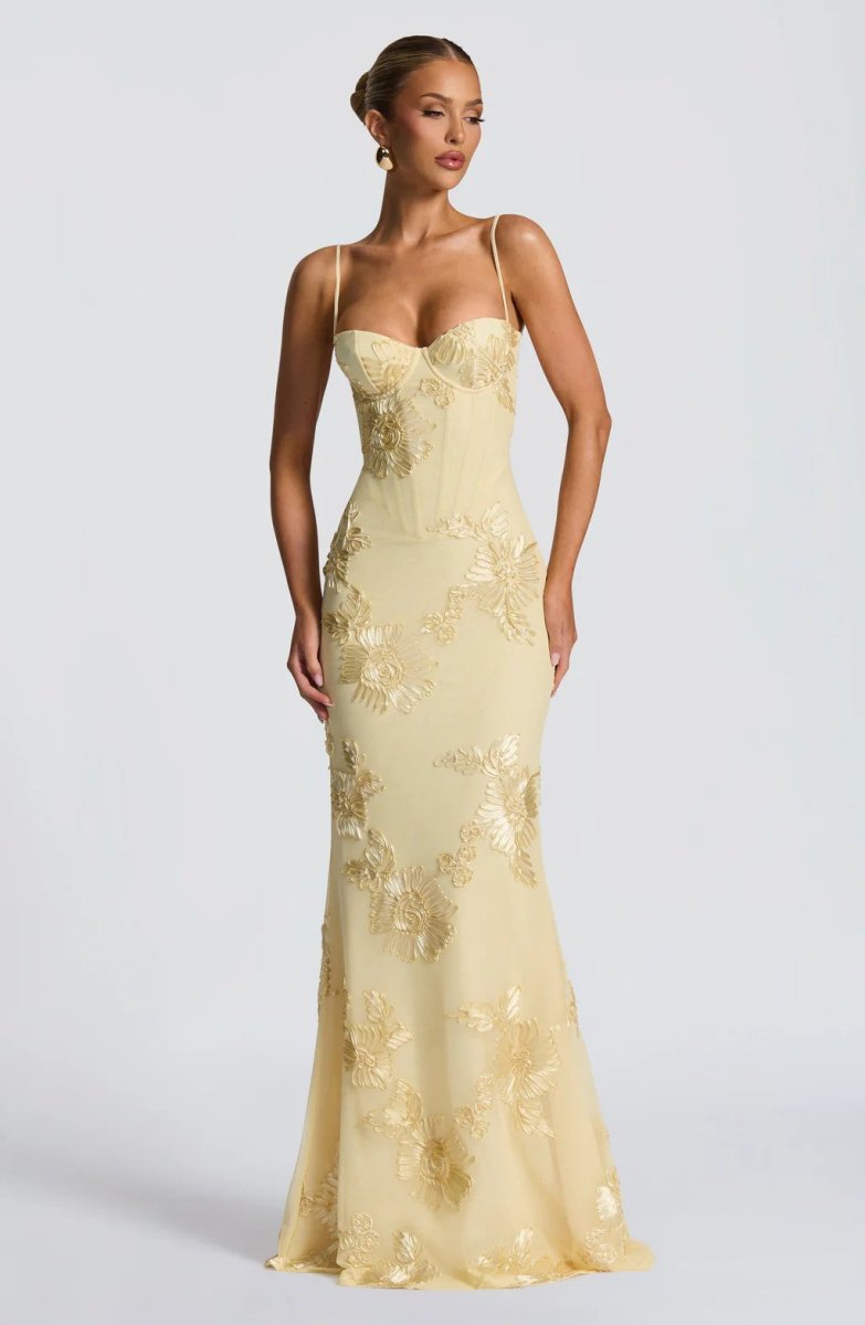 Rowena | Maxi Dress Black Floral Embroidered Mermaid Corset for Women