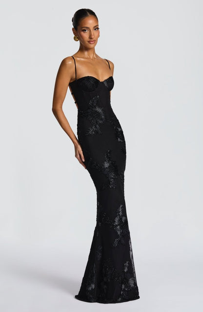 Rowena | Maxi Dress Black Floral Embroidered Mermaid Corset for Women
