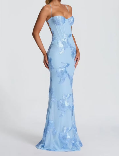 Rowena | Maxi Dress Black Floral Embroidered Mermaid Corset for Women