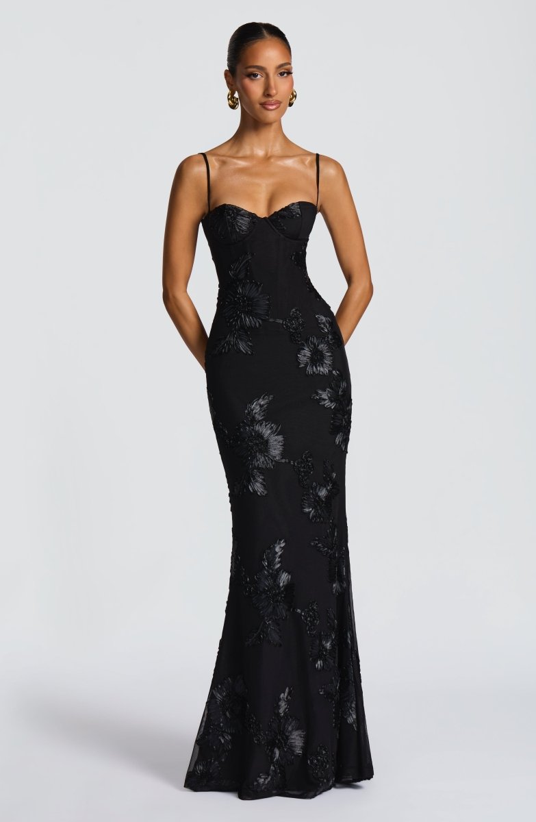 Rowena | Maxi Dress Black Floral Embroidered Mermaid Corset for Women