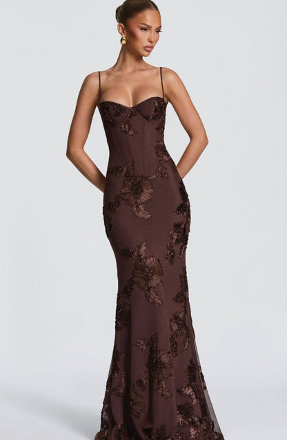 Rowena | Maxi Dress Black Floral Embroidered Mermaid Corset for Women