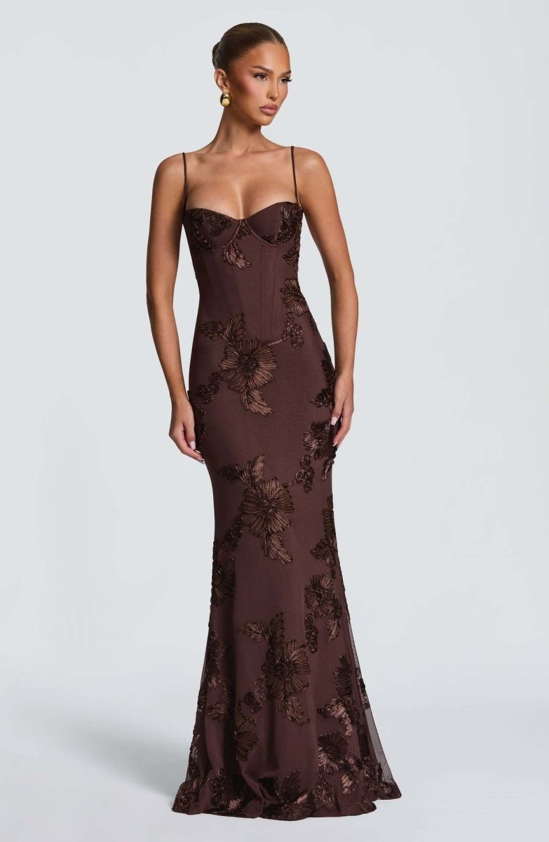 Rowena | Maxi Dress Black Floral Embroidered Mermaid Corset for Women