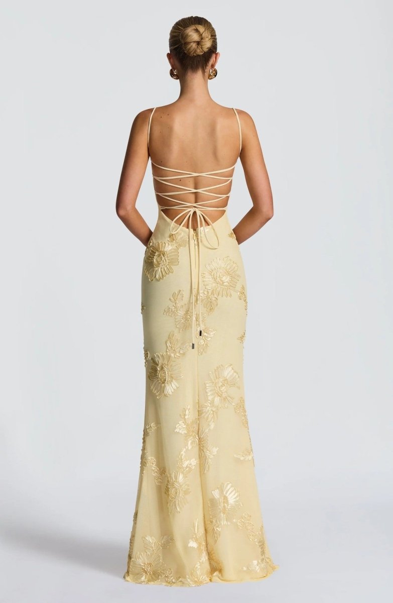 Rowena | Maxi Dress Black Floral Embroidered Mermaid Corset for Women