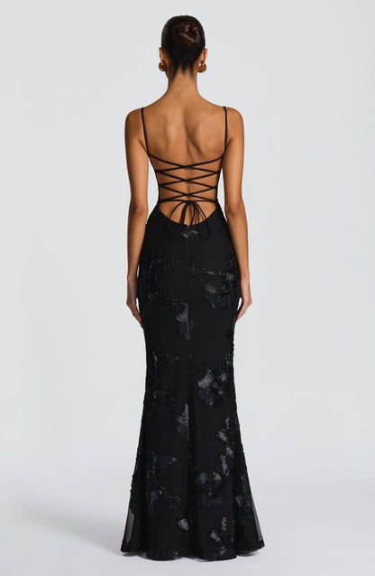 Rowena | Maxi Dress Black Floral Embroidered Mermaid Corset for Women