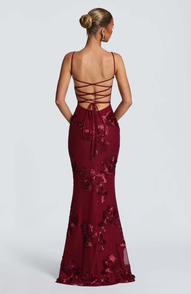 Rowena | Maxi Dress Black Floral Embroidered Mermaid Corset for Women