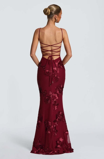 Rowena | Maxi Dress Black Floral Embroidered Mermaid Corset for Women