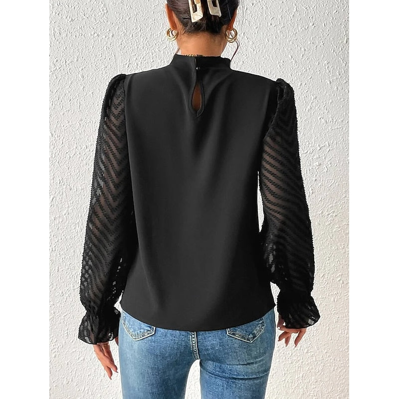 Una | Blouse Black Chiffon Lace-Sleeve High-Neck for Women