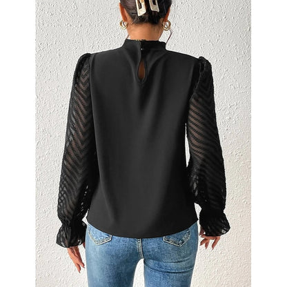 Una | Blouse Black Chiffon Lace-Sleeve High-Neck for Women