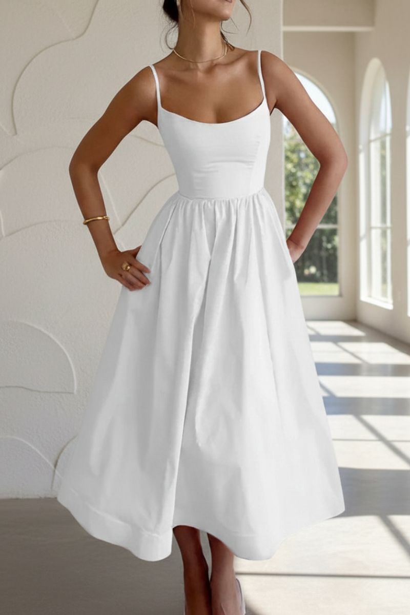 Margery | Midi Dress White Cotton Sleeveless Fit-and-Flare for Women