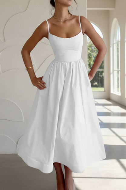 Margery | Midi Dress White Cotton Sleeveless Fit-and-Flare for Women