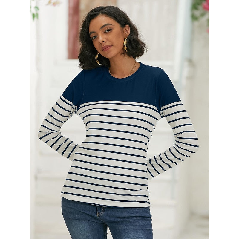 Thomasina | Long Sleeve Top Navy White Striped Crew Neck for Women