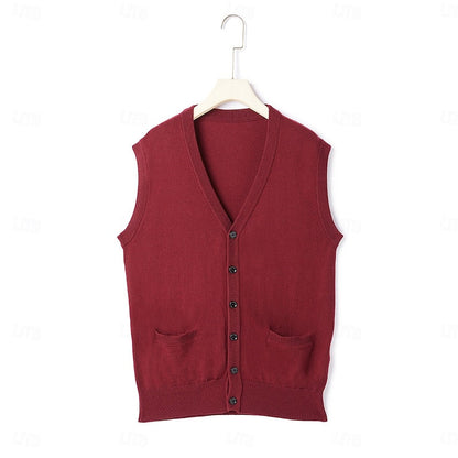 Alistair | Sweater Vest Burgundy Knit Buttoned V-Neck for Men