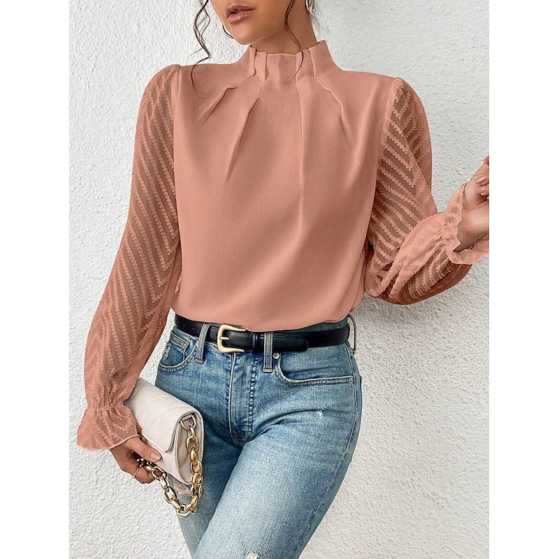 Una | Blouse Black Chiffon Lace-Sleeve High-Neck for Women