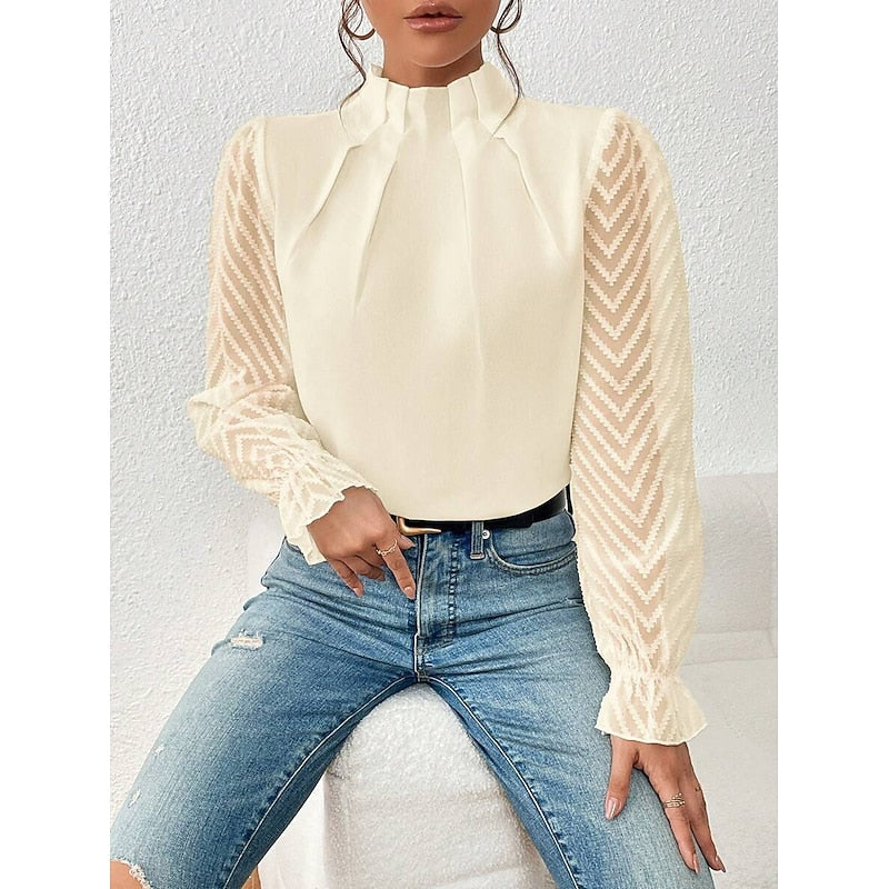 Una | Blouse Black Chiffon Lace-Sleeve High-Neck for Women