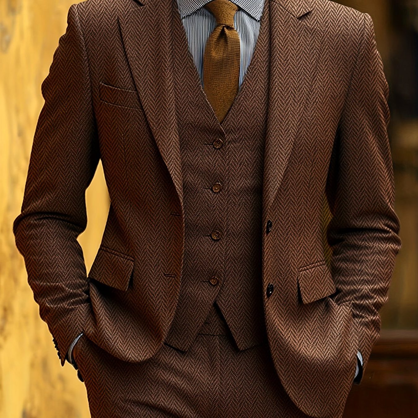 Evander | Suit Brown Wool-Blend Herringbone Three-Piece Tailored Fit for Men