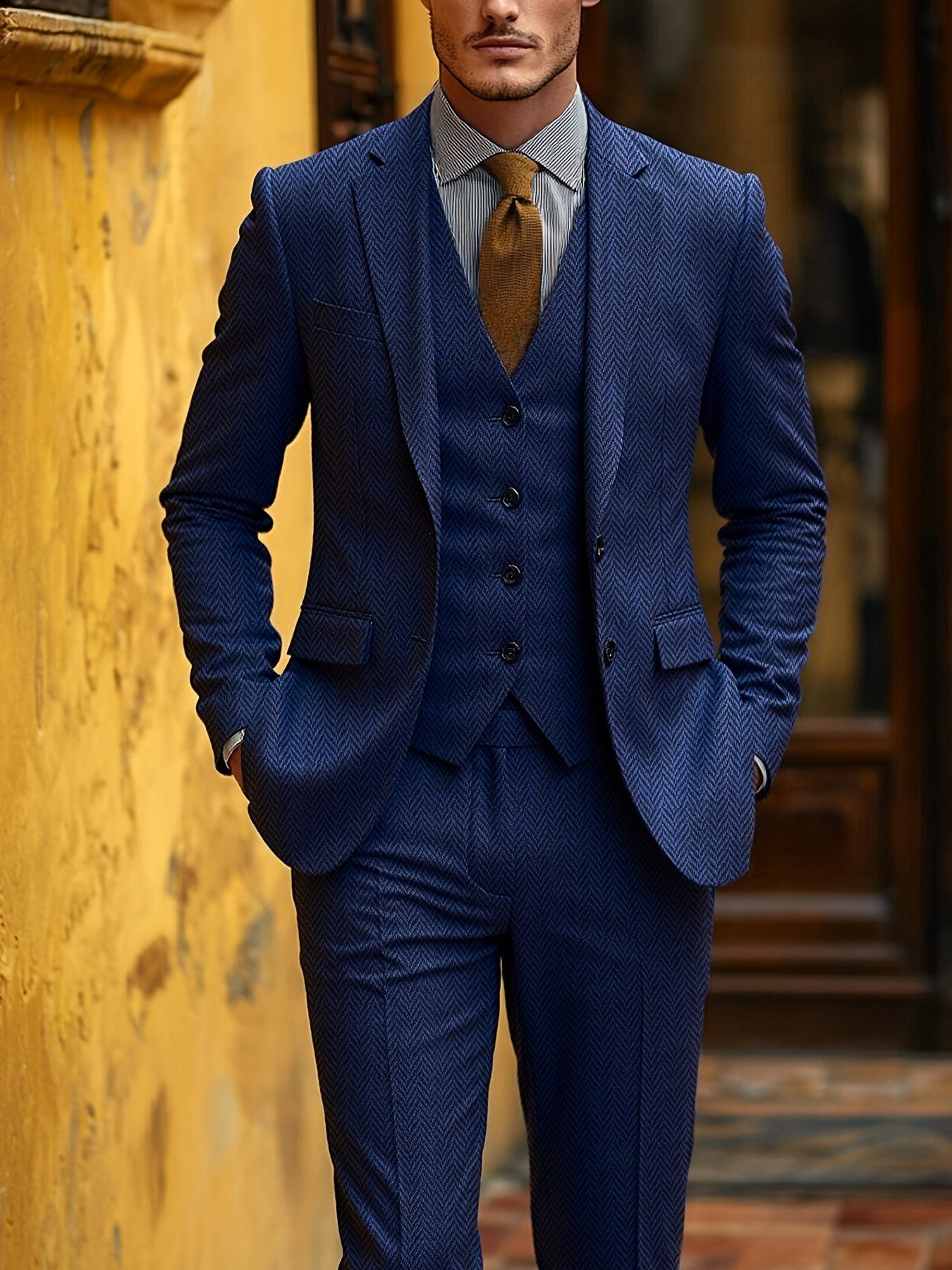 Evander | Suit Brown Wool-Blend Herringbone Three-Piece Tailored Fit for Men