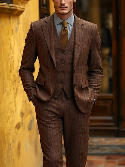 Evander | Suit Brown Wool-Blend Herringbone Three-Piece Tailored Fit for Men
