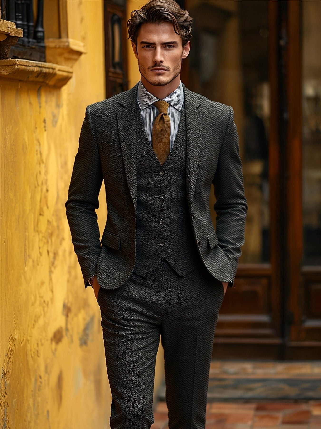 Evander | Suit Brown Wool-Blend Herringbone Three-Piece Tailored Fit for Men