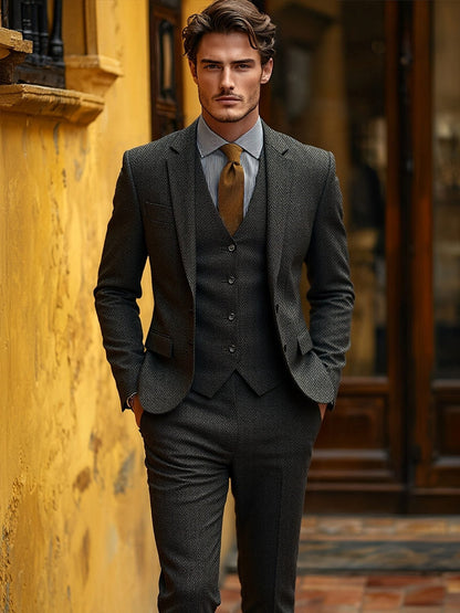 Evander | Suit Brown Wool-Blend Herringbone Three-Piece Tailored Fit for Men