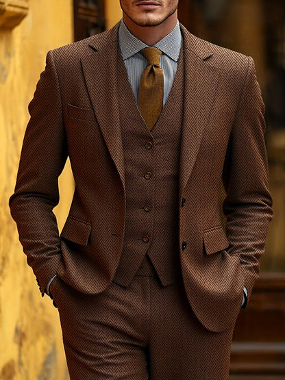 Evander | Suit Brown Wool-Blend Herringbone Three-Piece Tailored Fit for Men