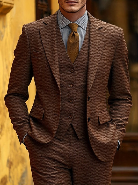 Evander | Suit Brown Wool-Blend Herringbone Three-Piece Tailored Fit for Men
