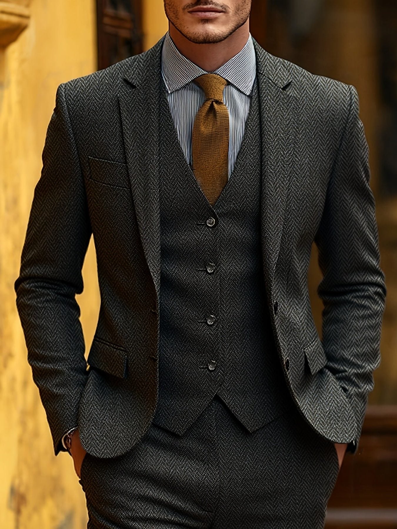 Evander | Suit Brown Wool-Blend Herringbone Three-Piece Tailored Fit for Men