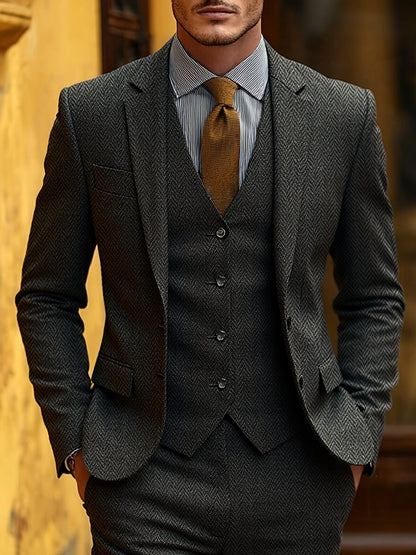 Evander | Suit Brown Wool-Blend Herringbone Three-Piece Tailored Fit for Men
