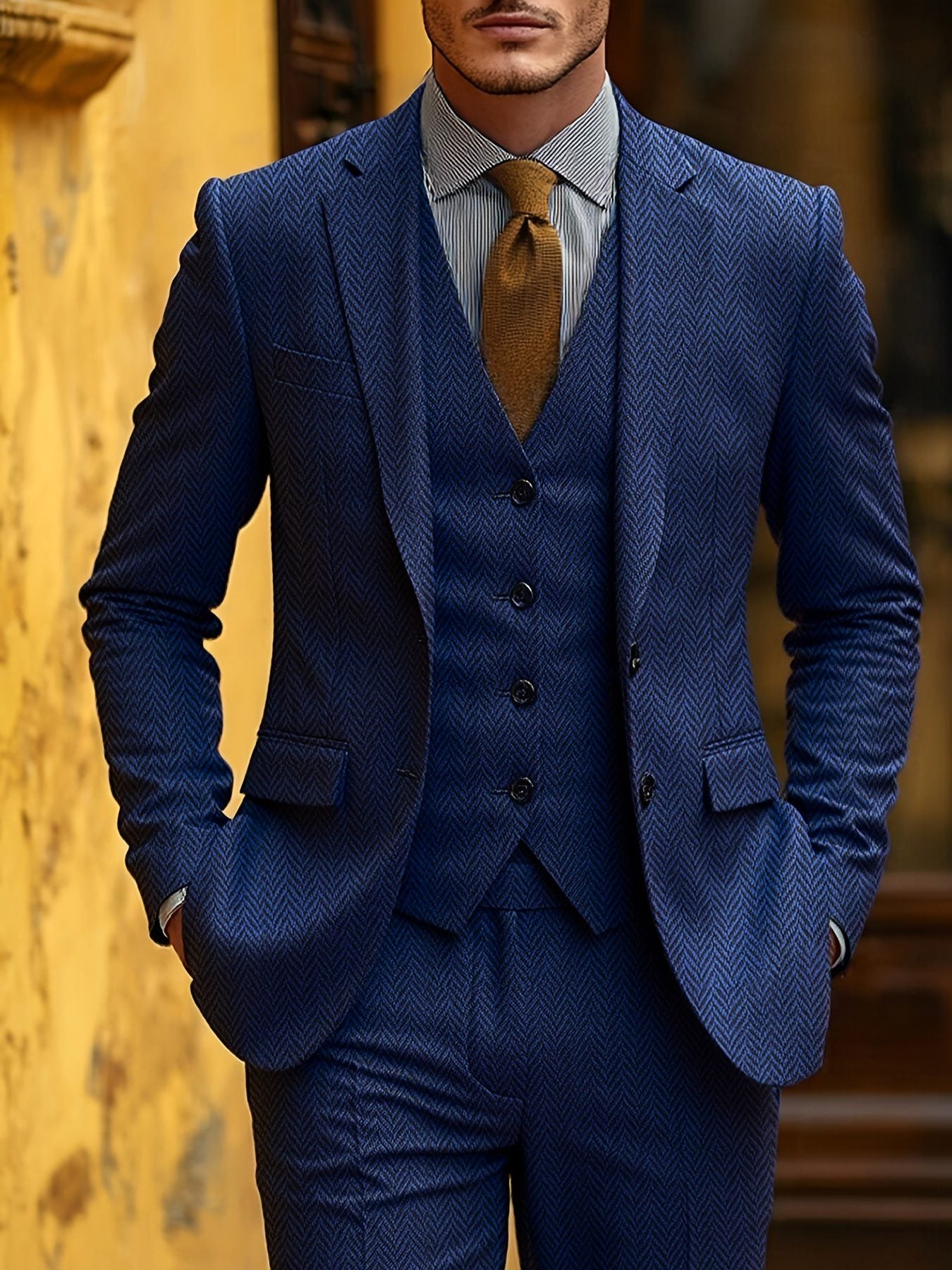 Evander | Suit Brown Wool-Blend Herringbone Three-Piece Tailored Fit for Men