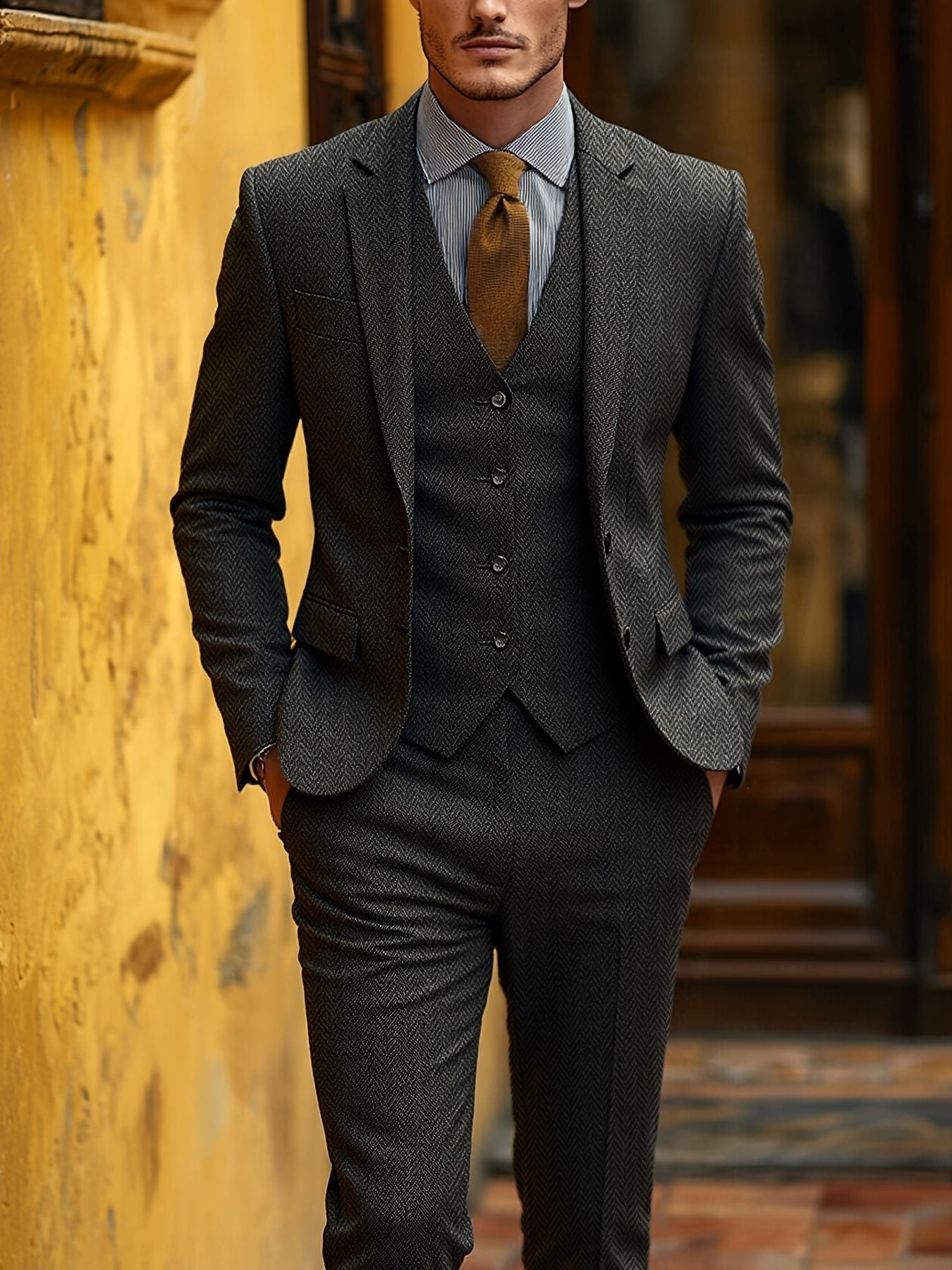Evander | Suit Brown Wool-Blend Herringbone Three-Piece Tailored Fit for Men