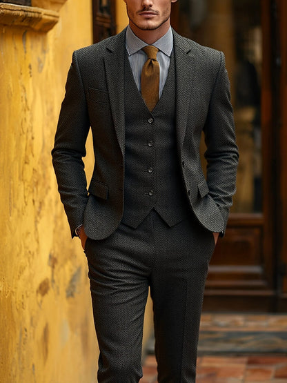 Evander | Suit Brown Wool-Blend Herringbone Three-Piece Tailored Fit for Men