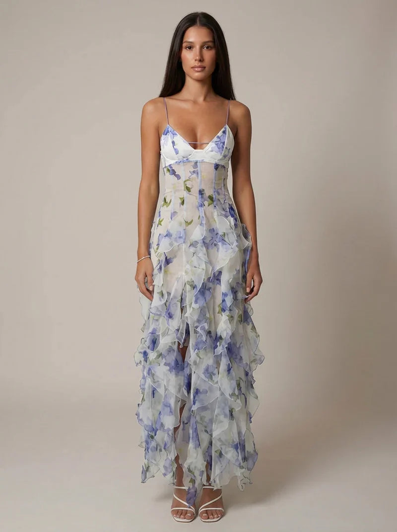 Elspeth | Maxi Party Dress White Blue Floral Chiffon Ruffle for Women