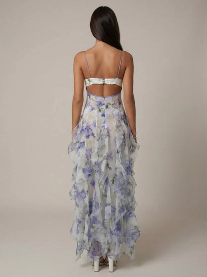 Elspeth | Maxi Party Dress White Blue Floral Chiffon Ruffle for Women