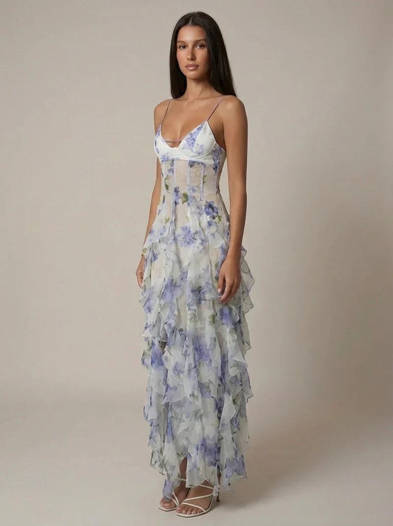 Elspeth | Maxi Party Dress White Blue Floral Chiffon Ruffle for Women