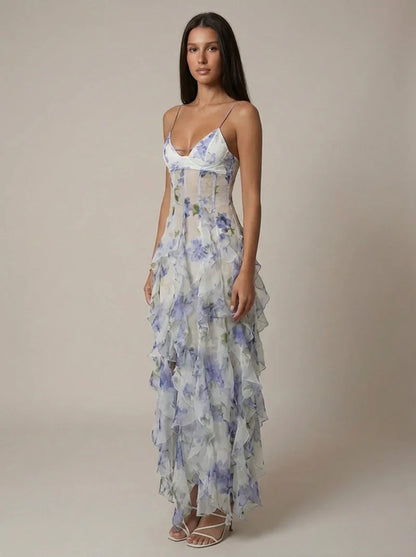 Elspeth | Maxi Party Dress White Blue Floral Chiffon Ruffle for Women