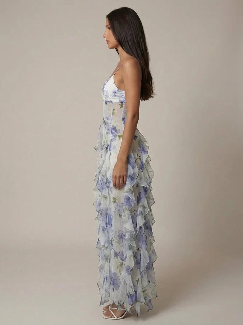 Elspeth | Maxi Party Dress White Blue Floral Chiffon Ruffle for Women
