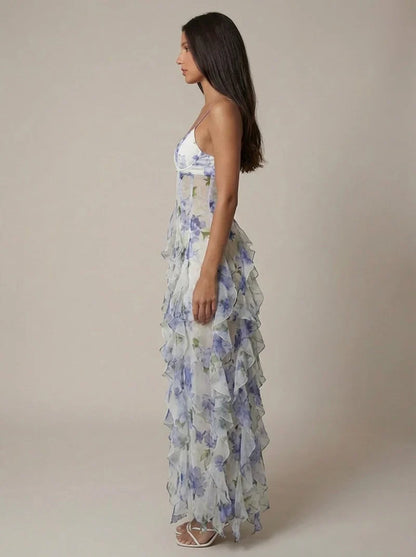 Elspeth | Maxi Party Dress White Blue Floral Chiffon Ruffle for Women
