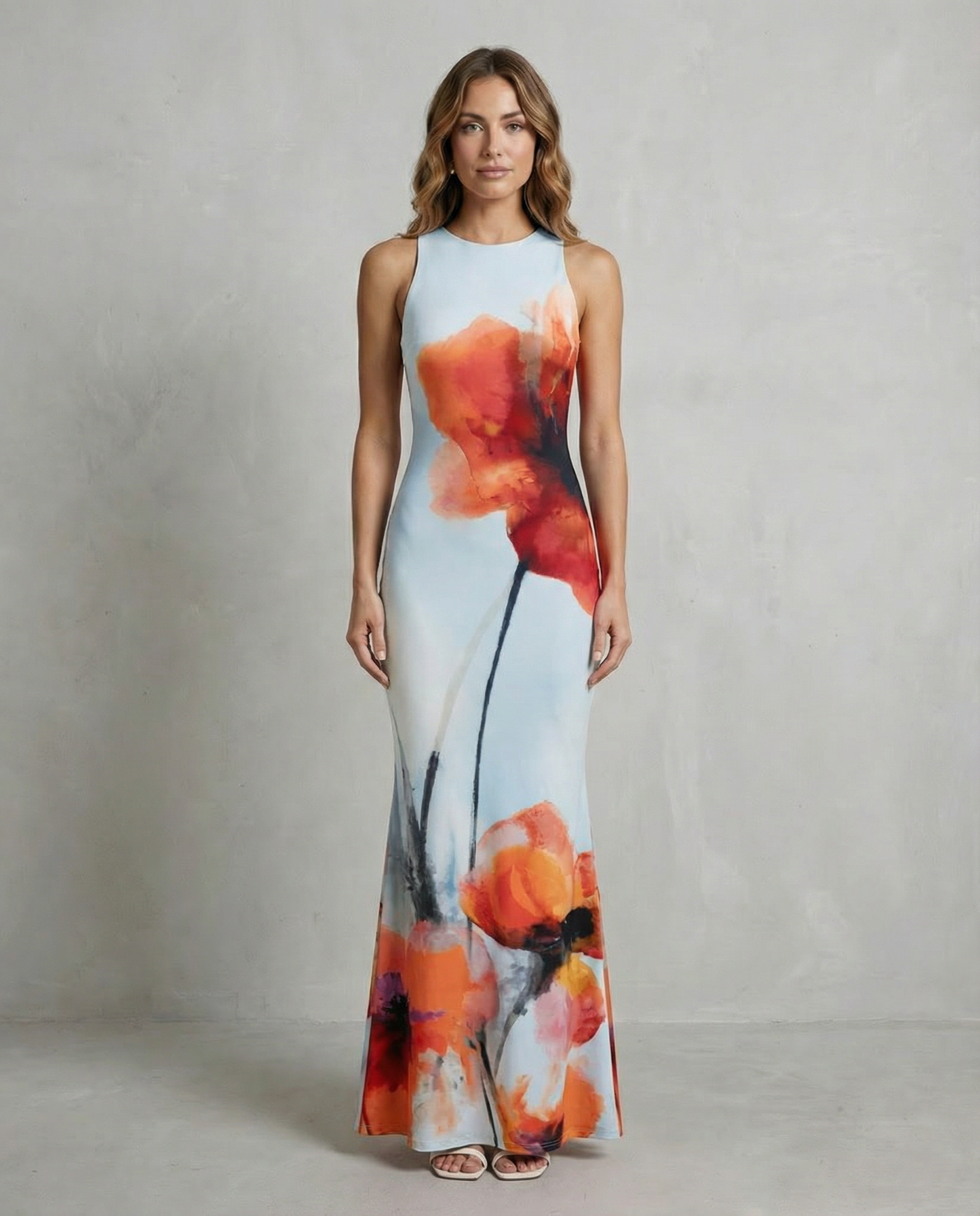 Phoebe | Maxi Dress Lime Green Floral Print Fishtail Sleeveless for Women