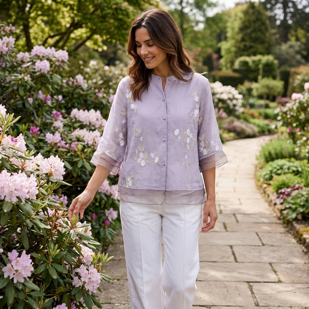 Philippa | Blouse Ivory Embroidered Organza 3/4 Sleeve for Women