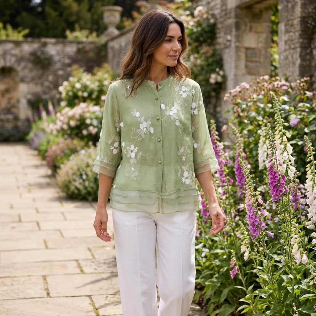 Philippa | Blouse Ivory Embroidered Organza 3/4 Sleeve for Women