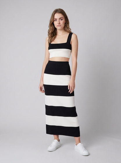 Effie | Striped Knit Outfit Set Black White Maxi Skirt & Crop Top for Women