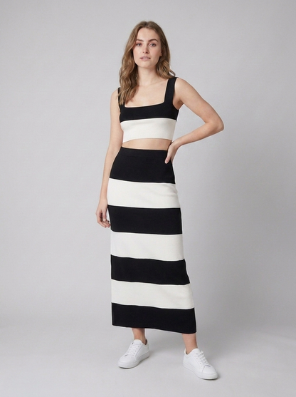 Effie | Striped Knit Outfit Set Black White Maxi Skirt & Crop Top for Women